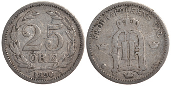 Швеция 25 эре 1890 EB, Оскар II (1872-1907) король Швеции и Норвегии KM 739 серебро 4179-822