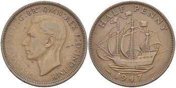 Великобритания 1/2 пенни 1947 Георг VI (1936-1952) KM 844, Spink 4115 бронза 65-535