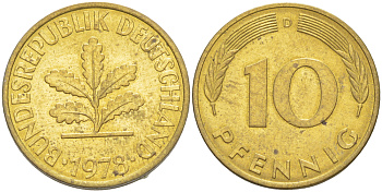 ФРГ 10 ПФЕННИГОВ 1978 D KM 108, J. 383 сталь плакированная латунью 4182-855