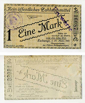 Германия 1 марка 1917 Эшвеге (Гессен), лагерь военнопленных офицеров C-2945 бумага UNC (пресс) 504-85-2-2