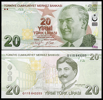 Турция 20 лир 2009 серия G, Президент Кемаль Ататюрк, Мимар Ахмет Кемаледдин Pick 224 f  бумага  UNC (пресс) 448-106-2