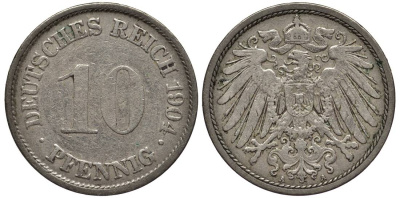 ГЕРМАНИЯ 10 ПФЕННИГОВ 1904 A KM 12, Jager 13, Weege 8 медно-никель 219-413