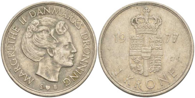 Дания 1 крона 1977 S; B, Маргарете II (1972- ) KM 862.1 медно-никель 4388-446