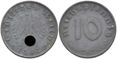 ГЕРМАНИЯ 10 РЕЙХСПФЕННИГОВ 1941 E KM 101, J. 371 цинк 4401-811