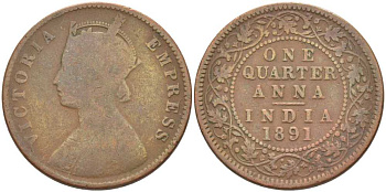 Британская Индия 1/4 анна 1891 Виктория (1837-1901), имперская чеканка KM 486 медь 119-213