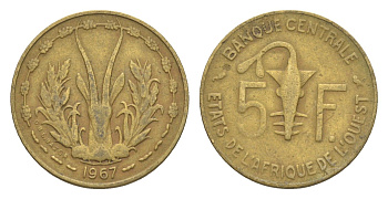 Западная Африка (BCEAO) 5 франков 1967 KM 2a медь алюминий никель 4640-428