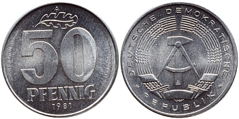 ГДР 50 пфеннигов 1981 А KM 12.2 алюминий UNC 4391-352