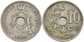 БЕЛЬГИЯ 10 САНТИМОВ 1928 BELGIQUE KM 85.1 медно-никель 540-248