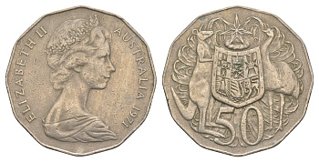 Австралия 50 центов 1971 Елизавета II (1952-2022), герб Австралии, кенгуру KM 68 медно-никель 4383-544