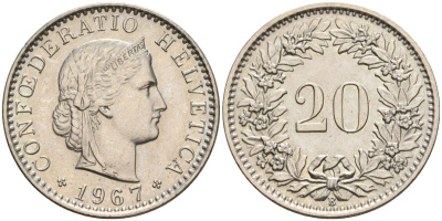 Швейцария 20 раппенов 1967 B KM 29a медно-никель 4606-813