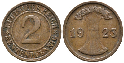 ГЕРМАНИЯ 2 РЕНТЕНПФЕННИГА 1923 D KM 31, J. 307 бронза 24-354