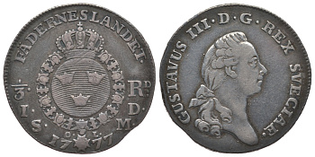 Швеция 1/3 риксдалера - 1 далер S.M. 1777 Густав III (1771-1792) KM 516 серебро 00-816-57