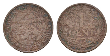 Нидерланды 1 цент 1917 Вильгельмина (1890-1948) KM 152 бронза 75-423