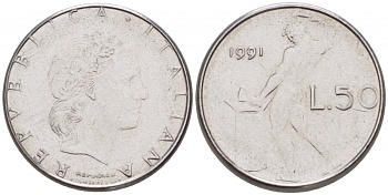 ИТАЛИЯ 50 ЛИР 1991 R КУЗНЕЦ KM 95.2 сталь 3955-621