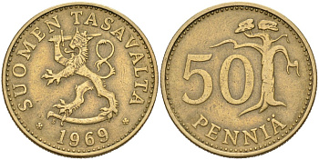 ФИНЛЯНДИЯ 50 ПЕННИ 1969 S KM 48 алюминиевая бронза 4563-422
