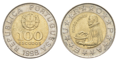Португалия 100 эскудо 1998 Педру Нуниш (1502-1578), математик KM 645 биметалл 4391-517