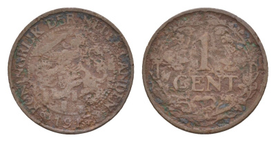 Нидерланды 1 цент 1917 Вильгельмина (1890-1948) KM 152 бронза 75-423