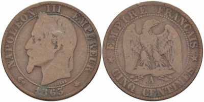 Франция 5 сантимов 1863 A, Наполеон III (1852-1870) KM 797.1, Le Franc 117.8 бронза 108-537