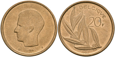 Бельгия 20 франков 1982 Belgique KM 159 никель бронза 4120-1123