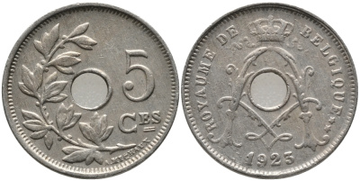 БЕЛЬГИЯ 5 САНТИМОВ 1923 BELGIQUE KM 66 медно-никель 76-547
