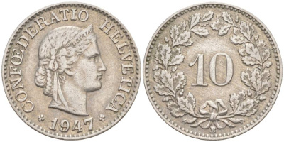 ШВЕЙЦАРИЯ 10 РАППЕНОВ 1947 В KM 27 медно-никель 206-121