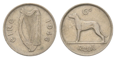 Ирландия 6 пенсов 1946 собака, ирландский волкодав KM 13a медно-никель 4690-326