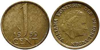 НИДЕРЛАНДЫ 1 ЦЕНТ 1959 ЮЛИАНА KM 180 бронза 4392-1358