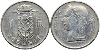 БЕЛЬГИЯ 1 ФРАНК 1951 BELGIE KM 143.1 медно-никель 4390-356