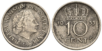 Нидерланды 10 центов 1955 Юлиана (1949-1980) KM 182 никель 220-541