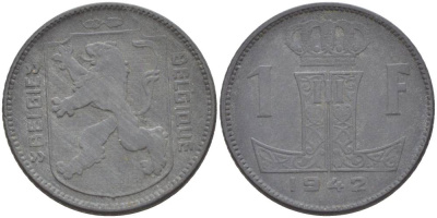 БЕЛЬГИЯ 1 ФРАНК 1942 BELGIE-BELGIQUE KM 128 цинк 4546-235