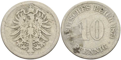 ГЕРМАНИЯ 10 ПФЕННИГОВ 1874 A, СТАРОГЕРБОВКА KM 4, J. 4 медно-никель 4401-231