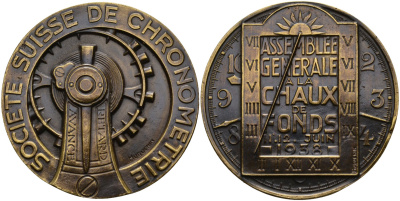 Швейцария медаль 1938 Medaille Assemblée Generale SOCIETE SUISSE DE CHRONOMETRIE 1938, Швейцарское хронометрическое общество, диаметр 49 мм. бронза 00-817-13