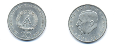 ГДР 20 марок 1971 А, 100 лет со дня рождения Генриха Манна (1871-1950) KM 33, J. 1531 медно-никель 3333-326