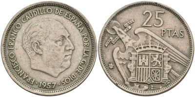 Испания 25 песет 1957 (69) Франсиско Франко (1939 - 1975) KM 787 медно-никель 4149-1031