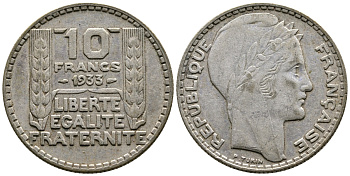 Франция 10 франков 1933 Пьер Тюрен KM 878, Le Franc 360.6 серебро 61-656