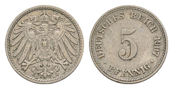 Германия 5 пфеннигов 1907 A, Вильгельм II (1888-1918) KM 11, J. 12 медно-никель 4640-121