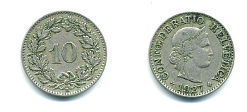 ШВЕЙЦАРИЯ 10 РАППЕНОВ 1927 В KM 27 медно-никель 29-1134