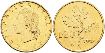 Италия 20 лир 1995 R, дубовый лист KM 97.2 алюминиевая бронза  UNC  4594-1035