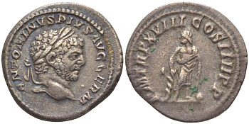 Римская Империя денарий 215 Каракалла, ANTONINVS PIVS AVG GERM, бюст императора / PM TRP XVIII COS IIII PP, бог Асклепий, Рим, 3,04 гр RIC 251 серебро 1073-18-17