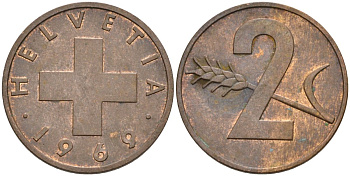 Швейцария 2 раппена 1969 KM 47 бронза 4592-614