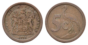 ЮАР 5 центов 1992 герб, райский журавль KM 134 сталь плакированная медью 4643-263