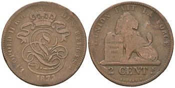 Бельгия 2 сантима 1873 Леопольд II (1865-1909) KM 35.1 медь 4615-657