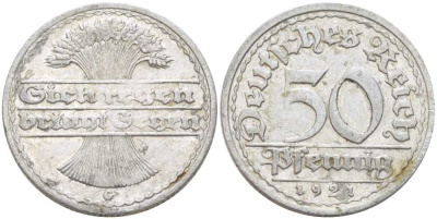 ГЕРМАНИЯ 50 ПФЕННИГОВ 1921 G KM 27, J. 301, Weege 10 алюминий 261-332