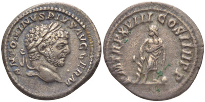 Римская Империя денарий 215 Каракалла, ANTONINVS PIVS AVG GERM, бюст императора / PM TRP XVIII COS IIII PP, бог Асклепий, Рим, 3,04 гр RIC 251 серебро 1073-18-17