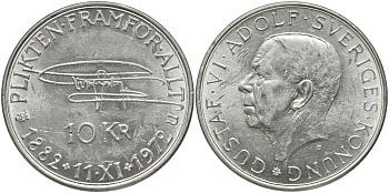 Швеция 10 крон 1972 U, 90 лет со дня рождения Густава VI Адольфа KM 847 серебро 180-632