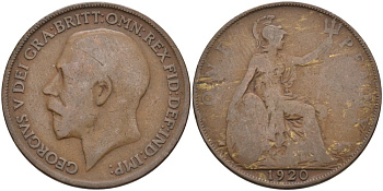 Великобритания 1 пенни 1920 Георг V (1910-1936) KM 810, Spink 4051 бронза 4572-1244