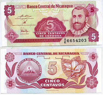 НИКАРАГУА 5 СЕНТАВО 1991 ФРАНСИСКО ЭРНАНДЕС де КОРДОБА Pick 168a бумага UNC (ПРЕСС) 7547-43-4-2