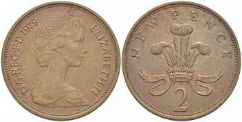 Великобритания 2 пенса 1979 Елизавета II (1952-2022) KM 916, Spink 4235 (C1) бронза 77-145
