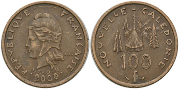 Французская Новая Каледония 100 франков 2000 хижина среди сосен и пальм, (IEOM) KM 15, Schoen 16, Lec 139d никель латунь 4144-632