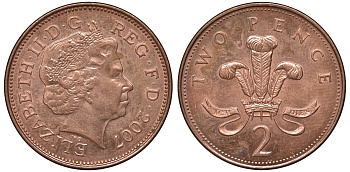 Великобритания 2 пенса 2007 Елизавета II (1952-2022) KM 987, Spink 4690 (C5) сталь плакированная медью 4122-847